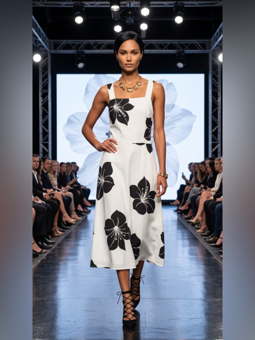 Who What Wear White Midi Dress with Black Floral Print